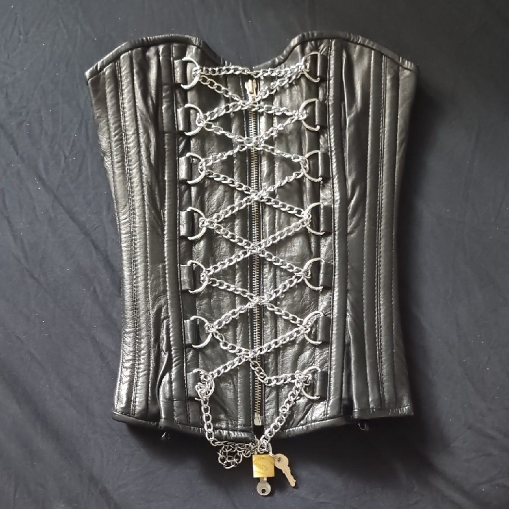 Genuine Leather Black Overbust Corset with Chain Detail